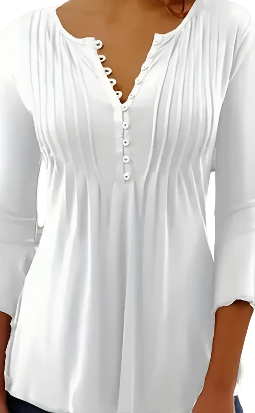 Ruched Button Front Crew Neck Long Sleeve Blouse