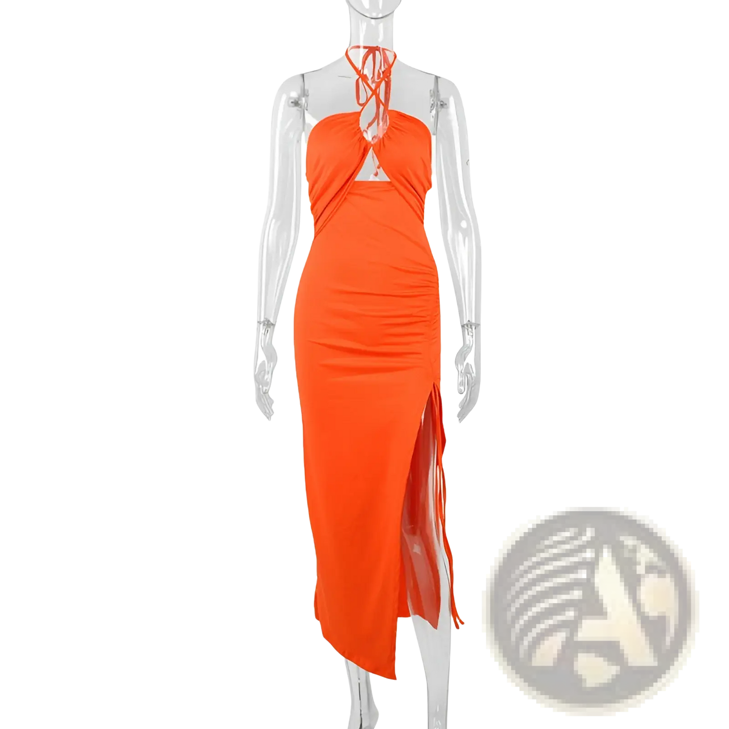 Ruched Halterneck Satin Split Maxi Dress