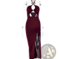 Ruched Halterneck Satin Split Maxi Dress