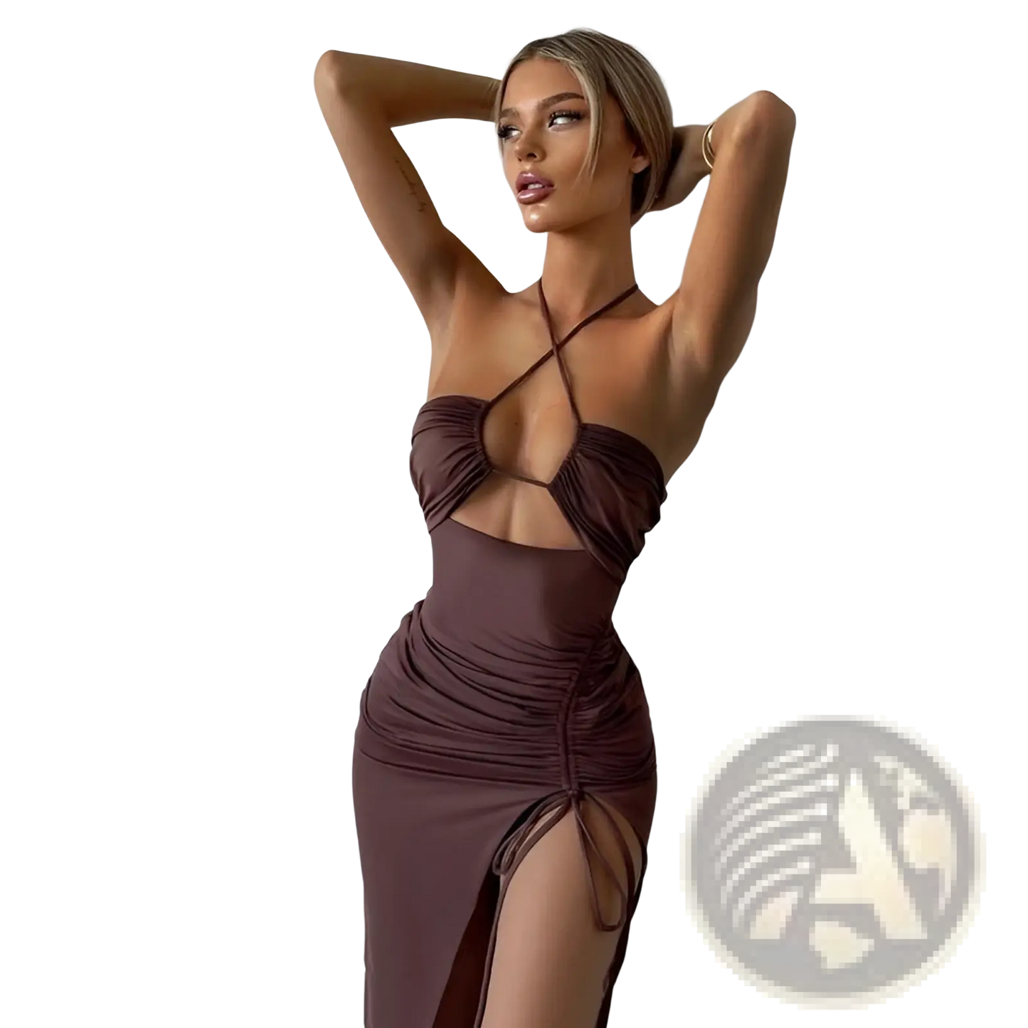 Ruched Halterneck Satin Split Maxi Dress