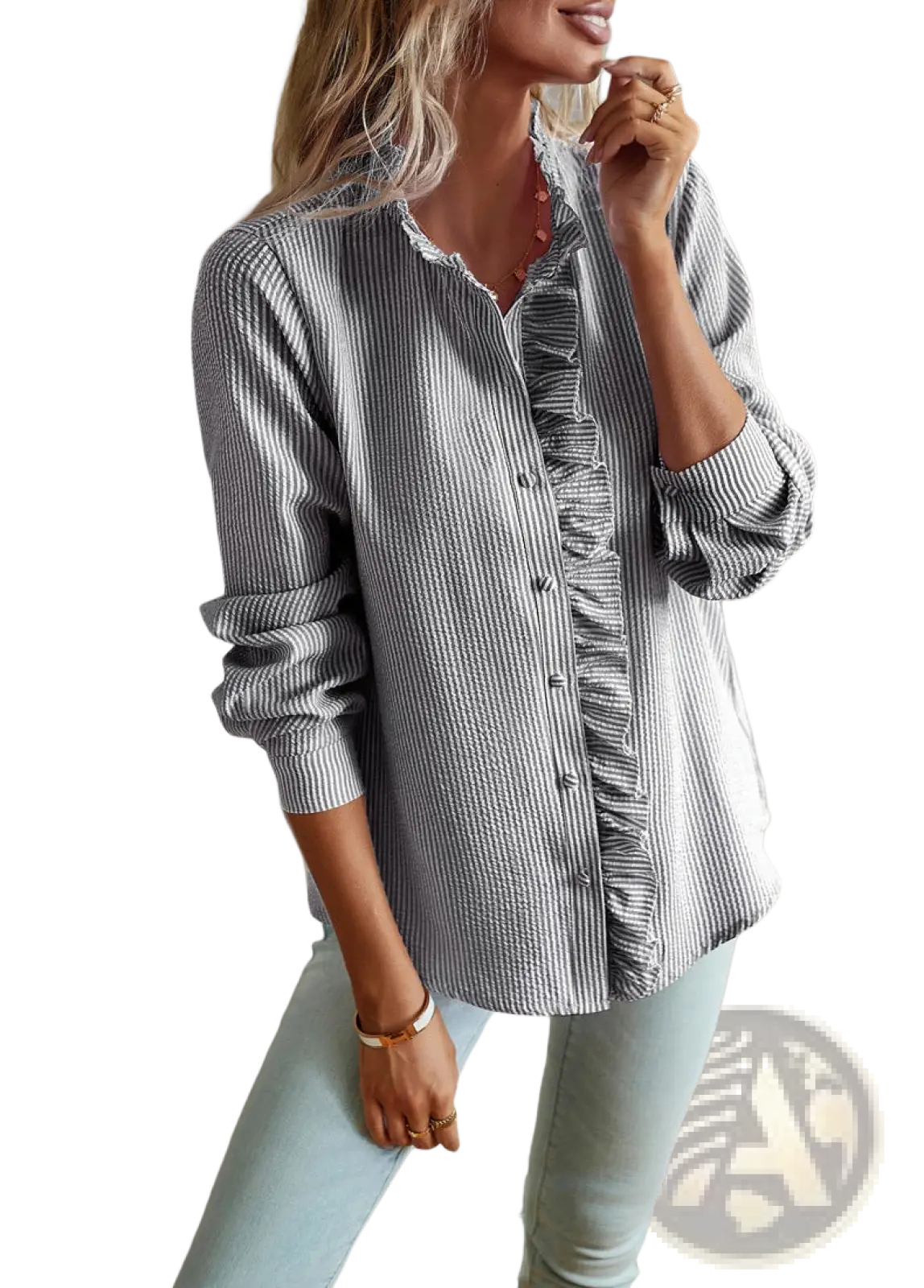 Ruffle Trim Textured Long Sleeve Button Up Blouse