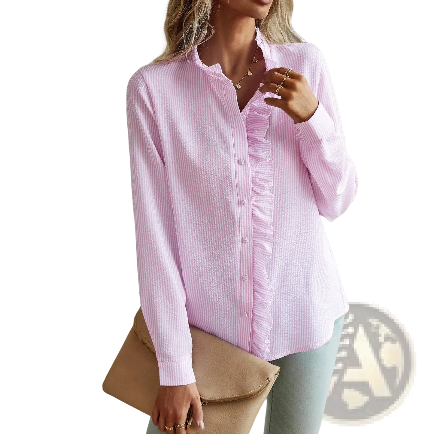 Ruffle Trim Textured Long Sleeve Button Up Blouse
