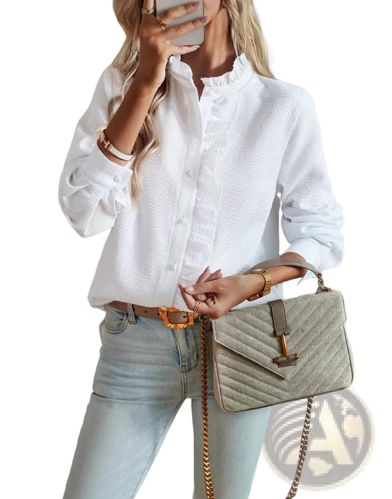 Ruffle Trim Textured Long Sleeve Button Up Blouse
