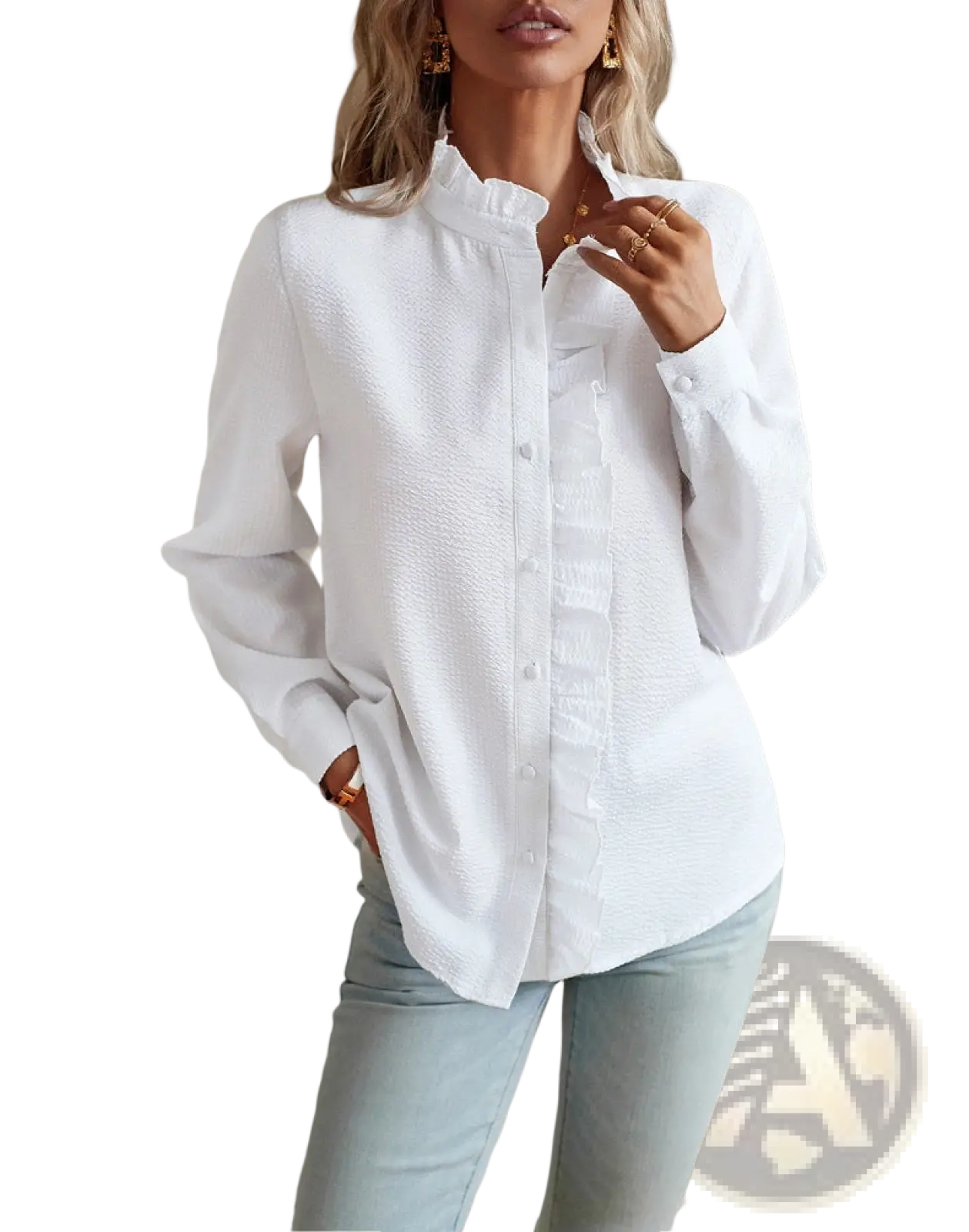 Ruffle Trim Textured Long Sleeve Button Up Blouse