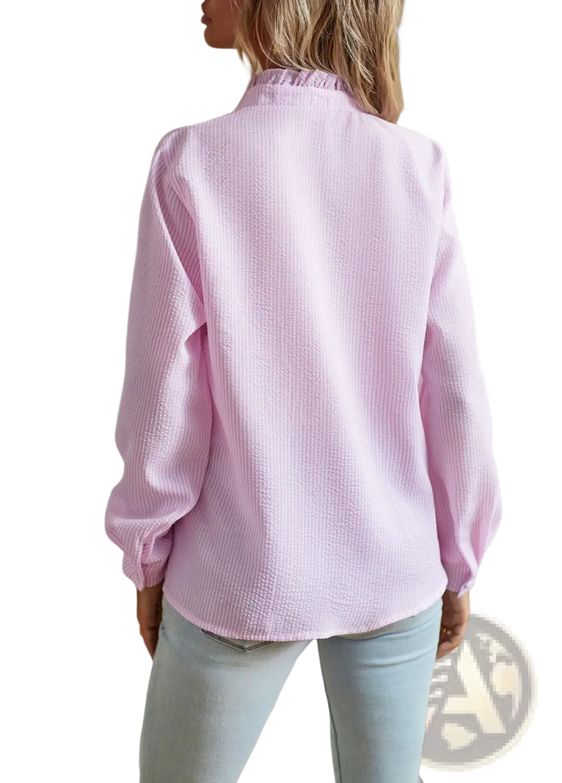 Ruffle Trim Textured Long Sleeve Button Up Blouse