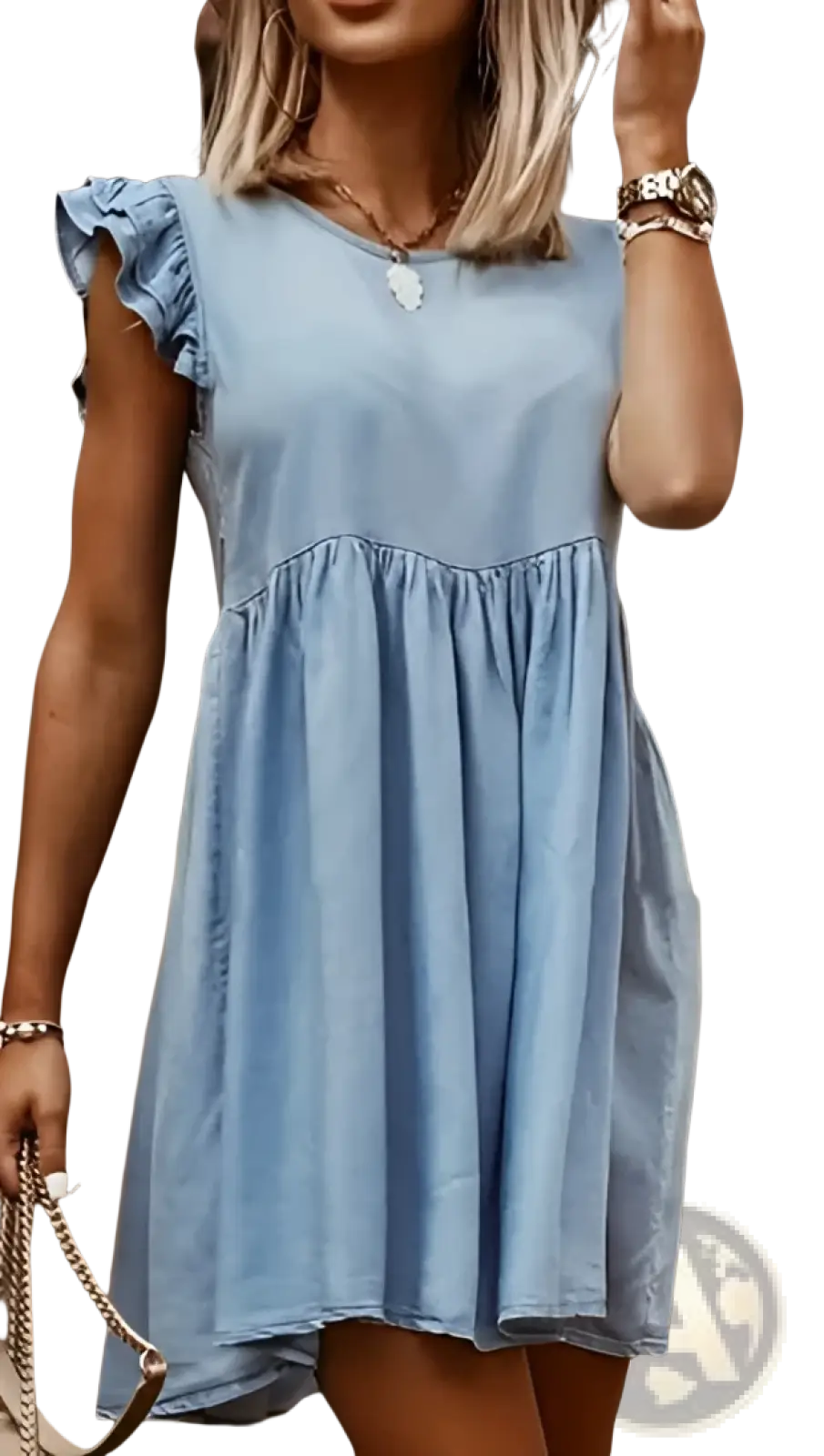 Ruffled Denim Sleeveless Dress with Gathered Waist