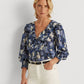 Blusa Ralph Lauren Feminina com Babados, Modelagem Relaxada, Bainha Curva, Floral, Manga Longa, Gola V, Uso no Trabalho, Botão, Azul, Tamanho X-G