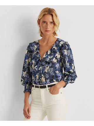 Blusa Ralph Lauren Feminina com Babados, Modelagem Relaxada, Bainha Curva, Floral, Manga Longa, Gola V, Uso no Trabalho, Botão, Azul, Tamanho X-G