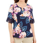 Blusa feminina com estampa floral Liza e decote em V, tamanho médio, azul, da coleção JM