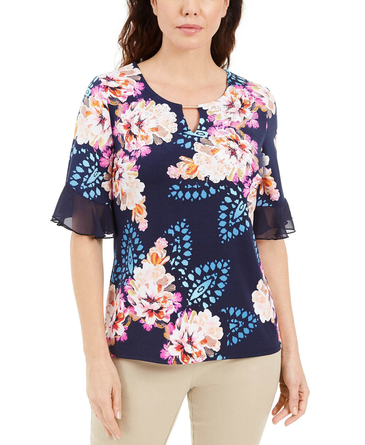 Blusa feminina com estampa floral Liza e decote em V, tamanho médio, azul, da coleção JM
