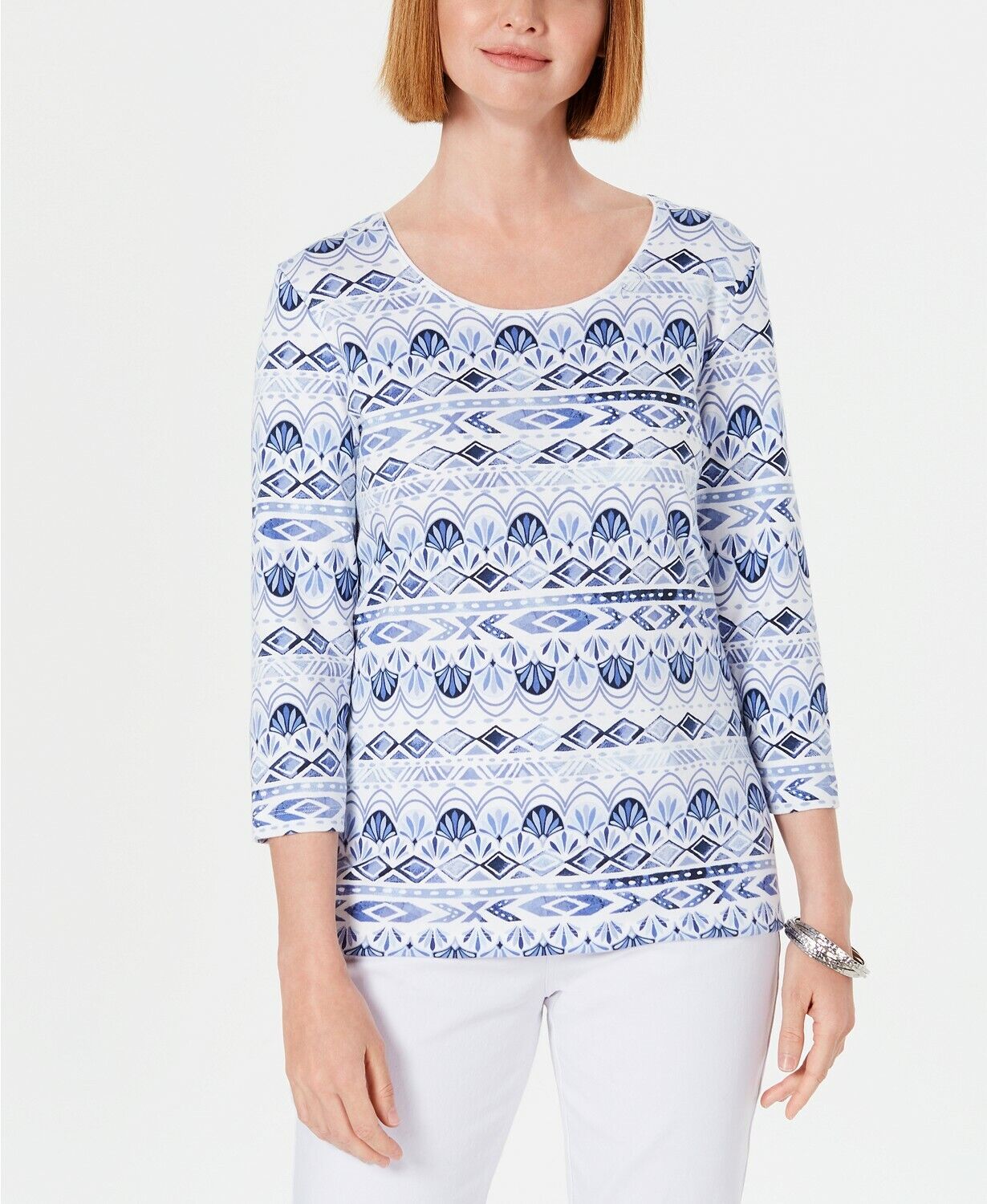 Karen Scott Blusa Feminina Petite Ikat Estampada Azul Escuro Tamanho P