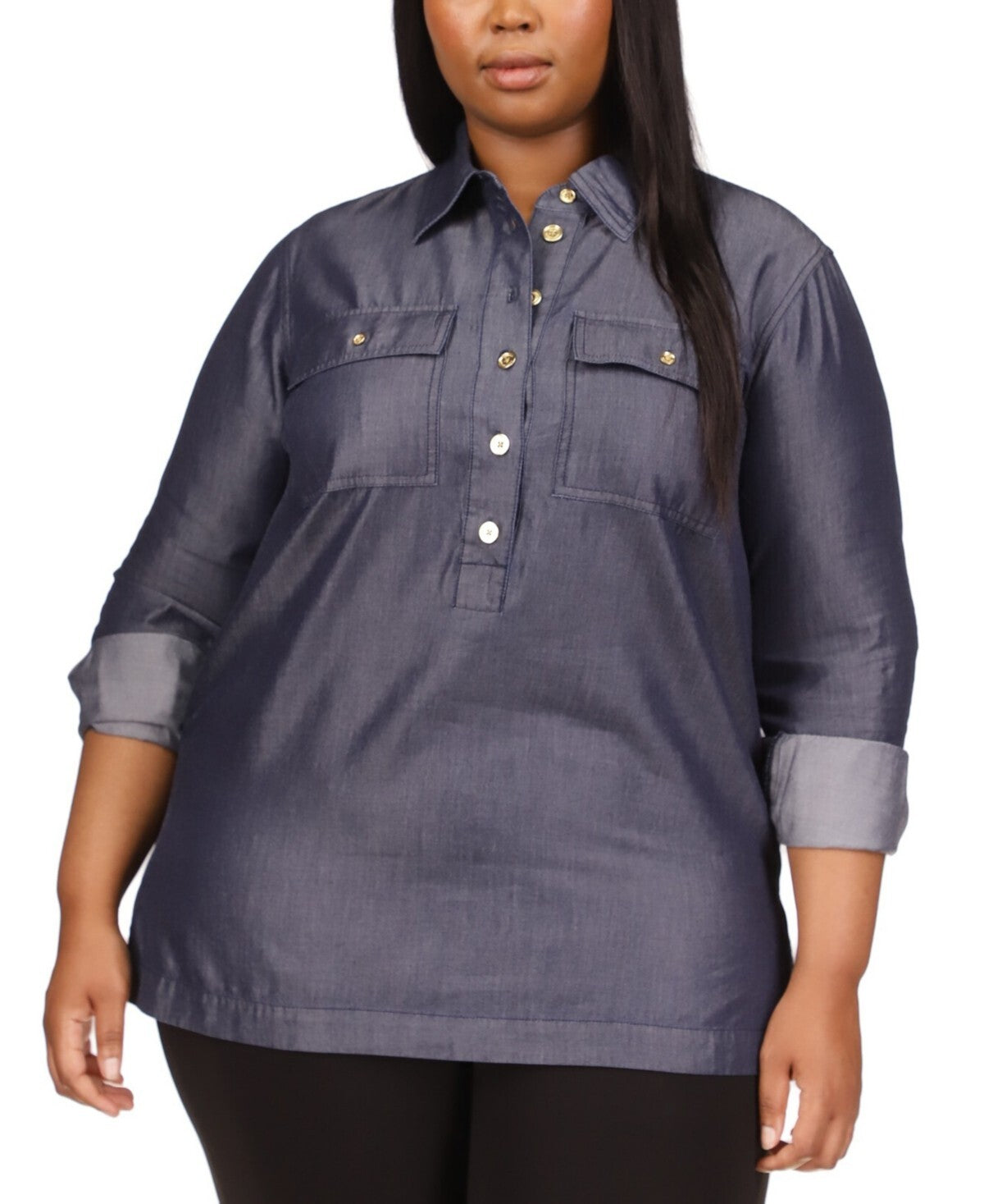 Michael Kors Women's Quarter Button Long Sleeve Indigo Rinse Tunic Top Size L