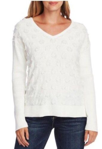 Suéter feminino Vince Camuto com franjas flutuantes e decote em V, branco, tamanho extragrande