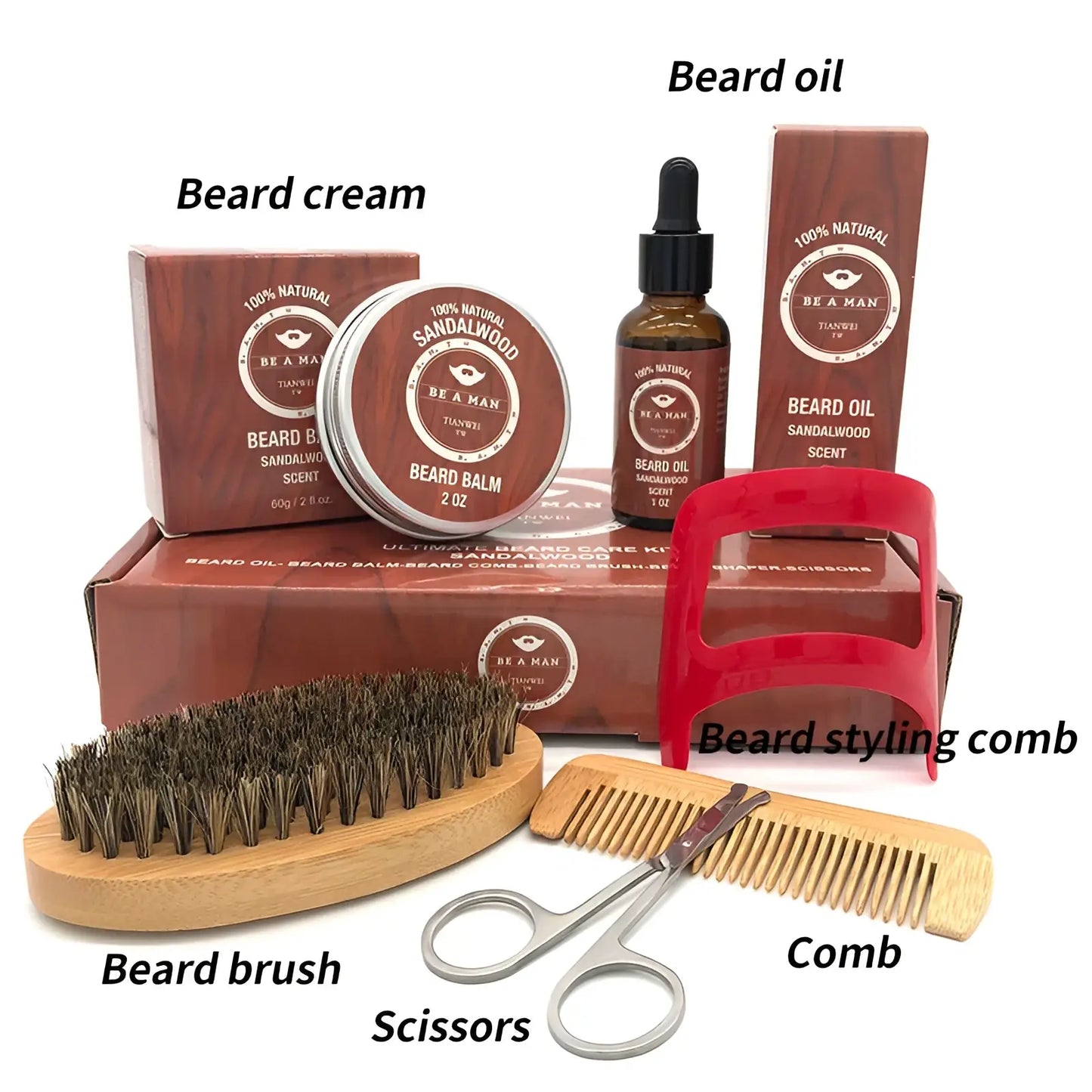 Sandalwood Beard Care Kit with Oil and Grooming Tools