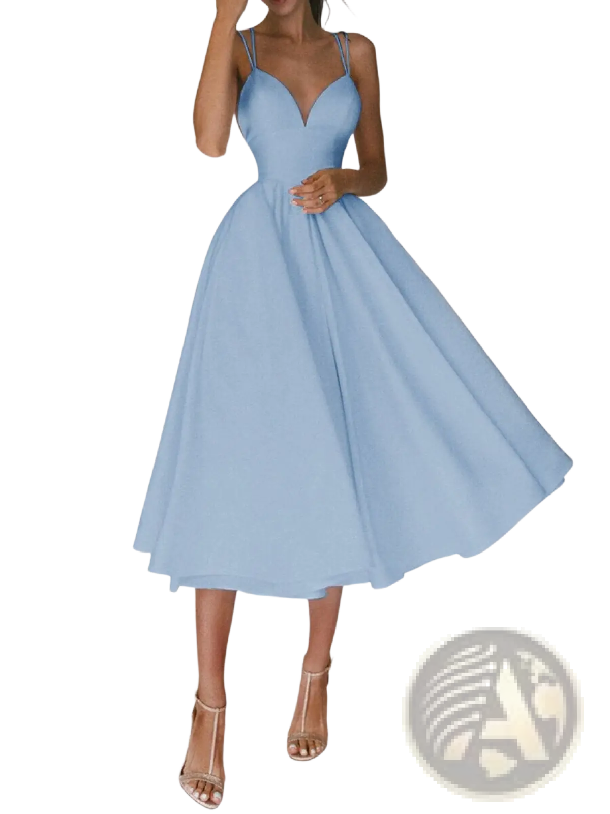 Satin v Neck Spaghetti Strap a Line Midi Dress