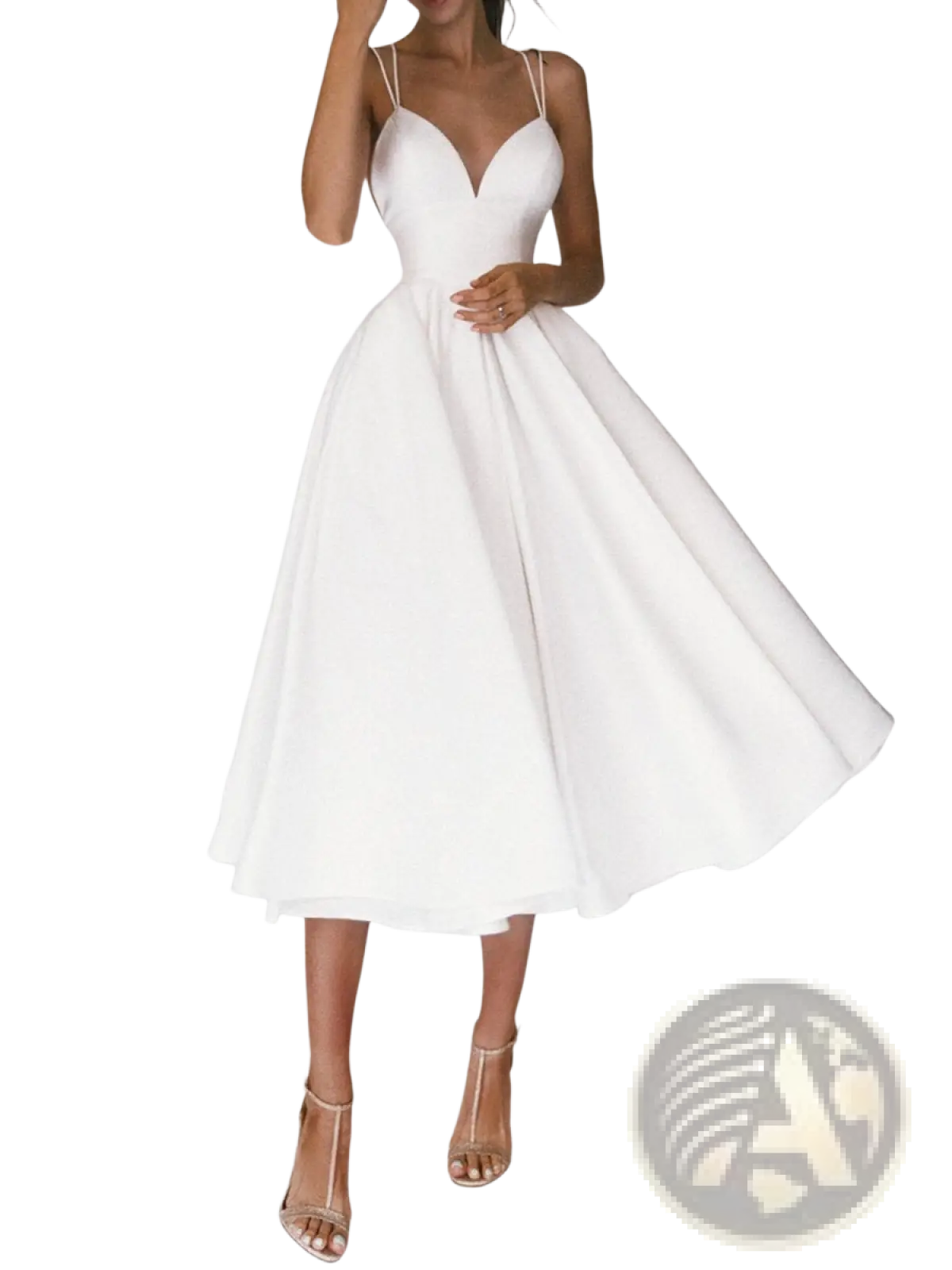Satin v Neck Spaghetti Strap a Line Midi Dress