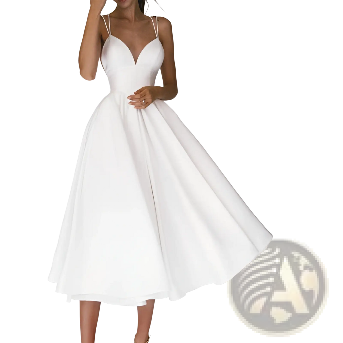 Satin v Neck Spaghetti Strap a Line Midi Dress
