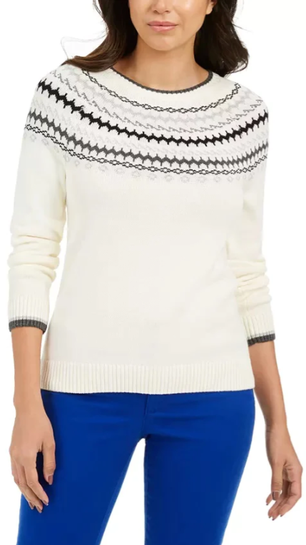 Suéter feminino Charter Club Metallic Fair Isle Family, branco, tamanho pequeno