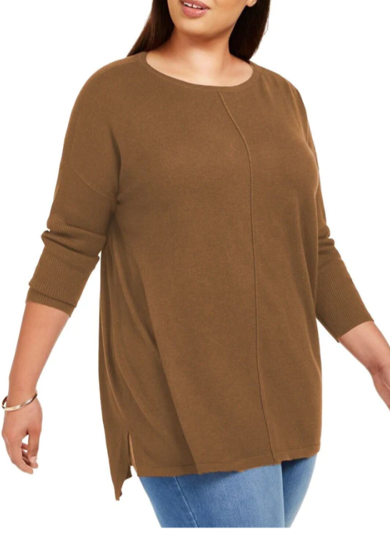 Suéter túnica feminino com costura frontal estilo &amp; co marrom tamanho grande