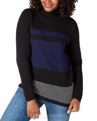 Karen Scott Suéter feminino de algodão com gola alta e blocos de cores, azul brilhante/preto, tamanho extra grande