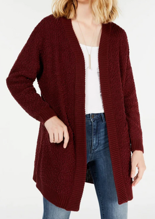 Cardigan texturizado com frente aberta para jovens, tamanho vinho, médio