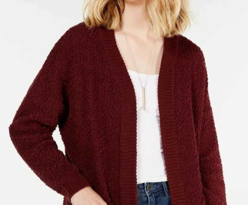 Cardigan texturizado com frente aberta para jovens, tamanho vinho, médio