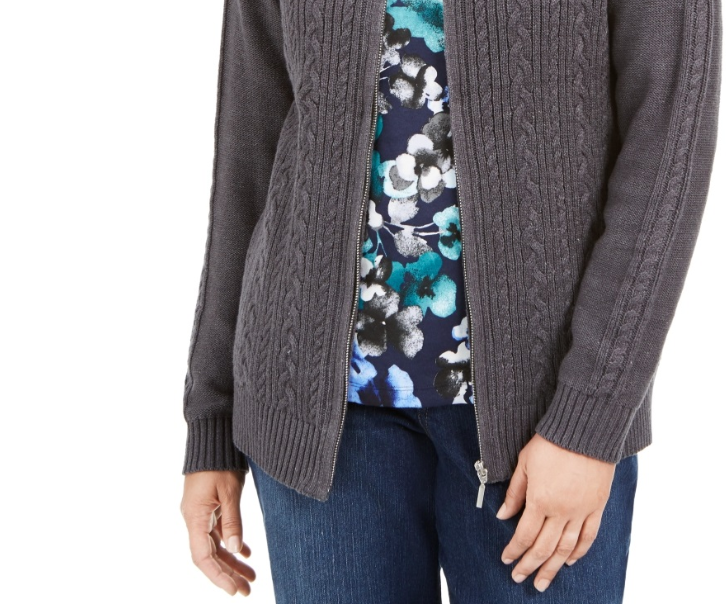 Karen Scott Suéter Feminino de Tricô com Zíper Frontal Cinza Tamanho Pequeno X-Grande