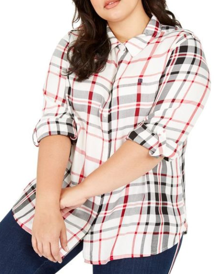 Tommy Hilfiger Top feminino plus size xadrez com botões frontais e mangas dobráveis, branco, tamanho 1X