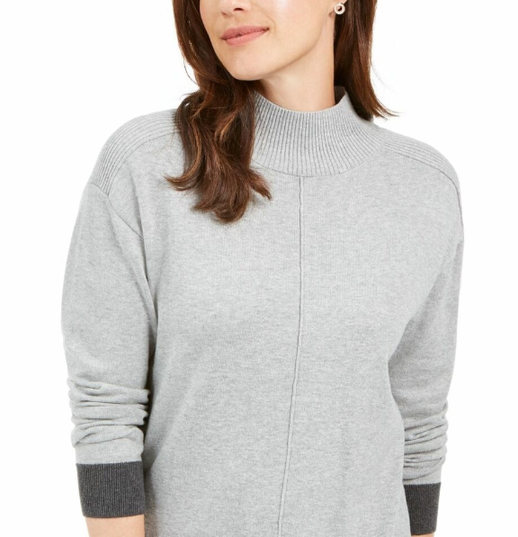 Karen Scott Suéter Feminino Erin Cotton Colorblocked Gola Simulada Cinza Tamanho Grande