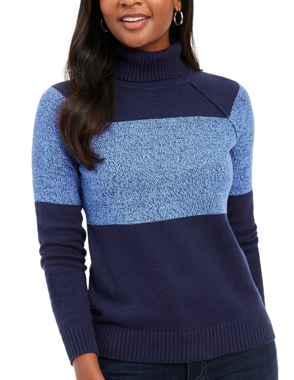 Karen Scott Suéter Feminino de Algodão com Gola Alta Colorblock Azul Tamanho Médio