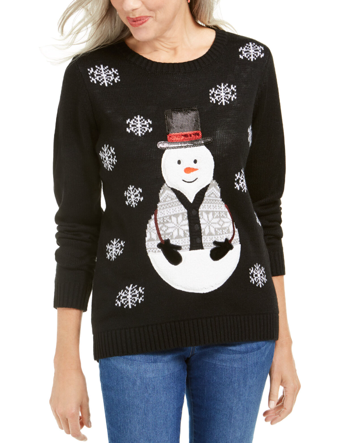 Karen Scott Suéter de Boneco de Neve com Lantejoulas para Mulheres, Preto, Tamanho Extra Grande