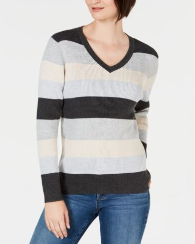 Karen Scott Suéter Feminino de Algodão com Decote em V e Blocos de Cores Cinza Tamanho Grande