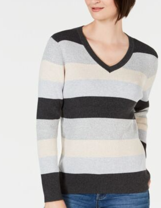 Karen Scott Suéter Feminino de Algodão com Decote em V e Blocos de Cores Cinza Tamanho Grande