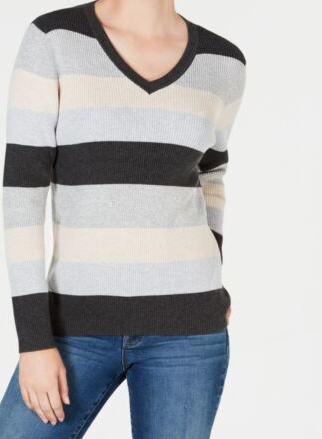 Karen Scott Suéter Feminino de Algodão com Decote em V e Blocos de Cores Cinza Tamanho Grande