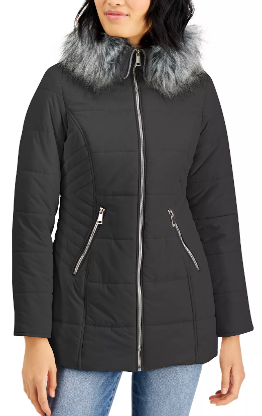 Casaco acolchoado com capuz e acabamento em pele sintética Maralyn &amp; Me Juniors, cinza, tamanho pequeno