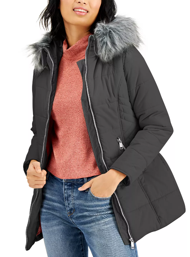 Casaco acolchoado com capuz e acabamento em pele sintética Maralyn &amp; Me Juniors, cinza, tamanho pequeno