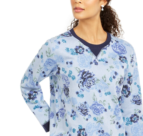 Karen Scott - Suéter de gola redonda sem fecho e com flores azuis, cor azul, tamanho XL
