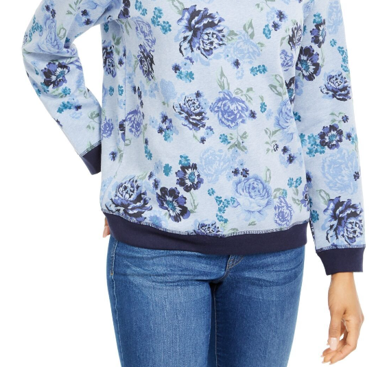 Karen Scott - Suéter de gola redonda sem fecho e com flores azuis, cor azul, tamanho XL