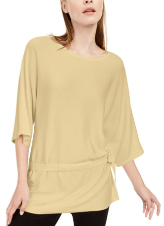 Alfani Blusa feminina amarela lisa com manga 3/4 e gola redonda, estilo peplum, para festa, pequena, grande