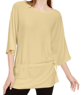 Alfani Blusa feminina amarela lisa com manga 3/4 e gola redonda, estilo peplum, para festa, pequena, grande