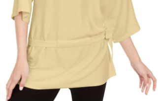 Alfani Blusa feminina amarela lisa com manga 3/4 e gola redonda, estilo peplum, para festa, pequena, grande