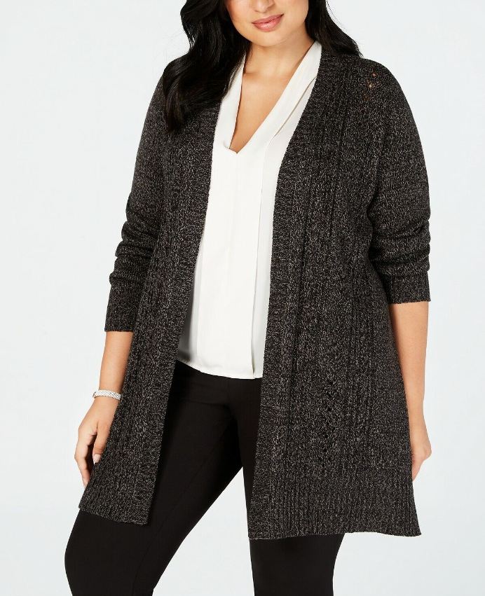 Karen Scott Cardigan feminino tamanho grande Pointelle frente aberta cinza tamanho 1X