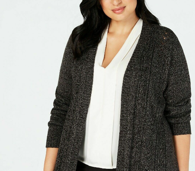 Karen Scott Cardigan feminino tamanho grande Pointelle frente aberta cinza tamanho 1X