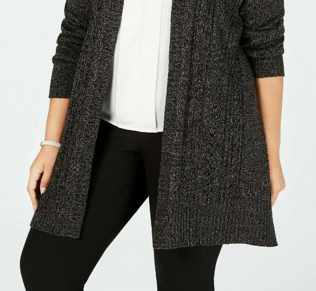 Karen Scott Cardigan feminino tamanho grande Pointelle frente aberta cinza tamanho 1X