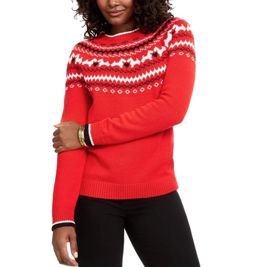 Suéter feminino Charter Club Scottie Fair Isle vermelho tamanho médio