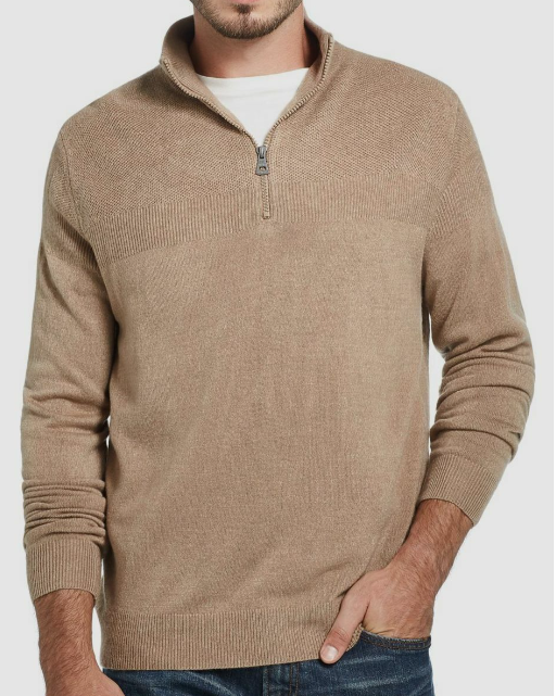 Suéter masculino vintage à prova de intempéries com zíper de um quarto e toque suave, bege, tamanho pequeno