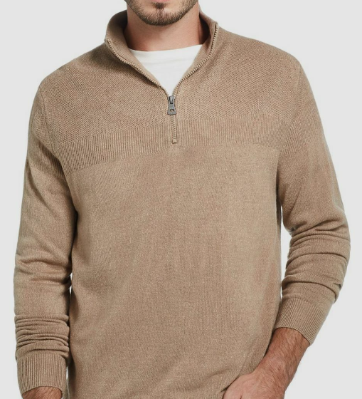 Suéter masculino vintage à prova de intempéries com zíper de um quarto e toque suave, bege, tamanho pequeno