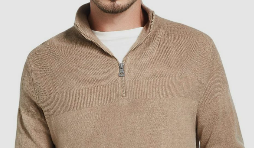 Suéter masculino vintage à prova de intempéries com zíper de um quarto e toque suave, bege, tamanho pequeno