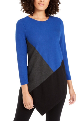 Suéter feminino Alfani assimétrico com blocos de cores, azul, tamanho médio