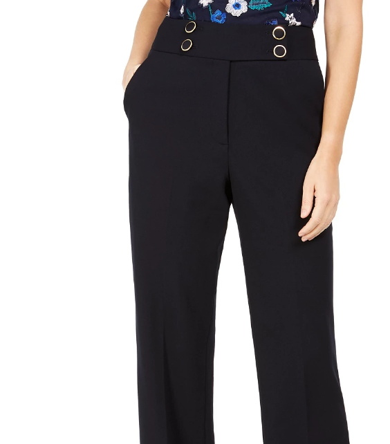 Calça social feminina Calvin Klein Petite, cintura alta, com botões, azul, tamanho 8 Petite